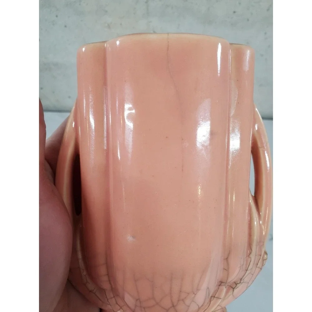 McCoy Pottery Vase, Shape 105, Coral Pink Crackle Crazing Art Deco Mcm Mid Centu